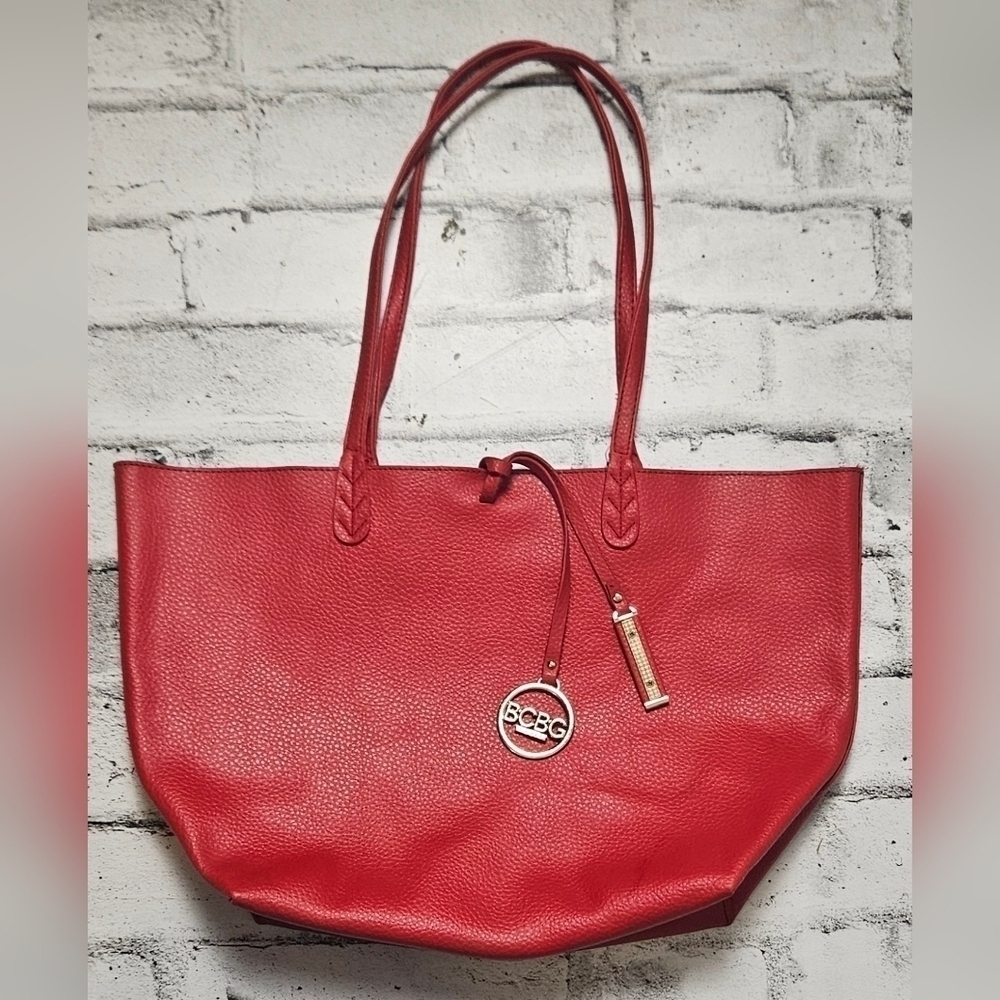 BCBG Reversible Tote Bag Red & Taupe Large Shoulder Carryall